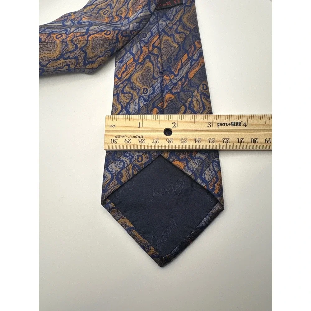 Brioni Silk Tie Blue Orange Abstract Swirl Geometric Pattern Made in Italy